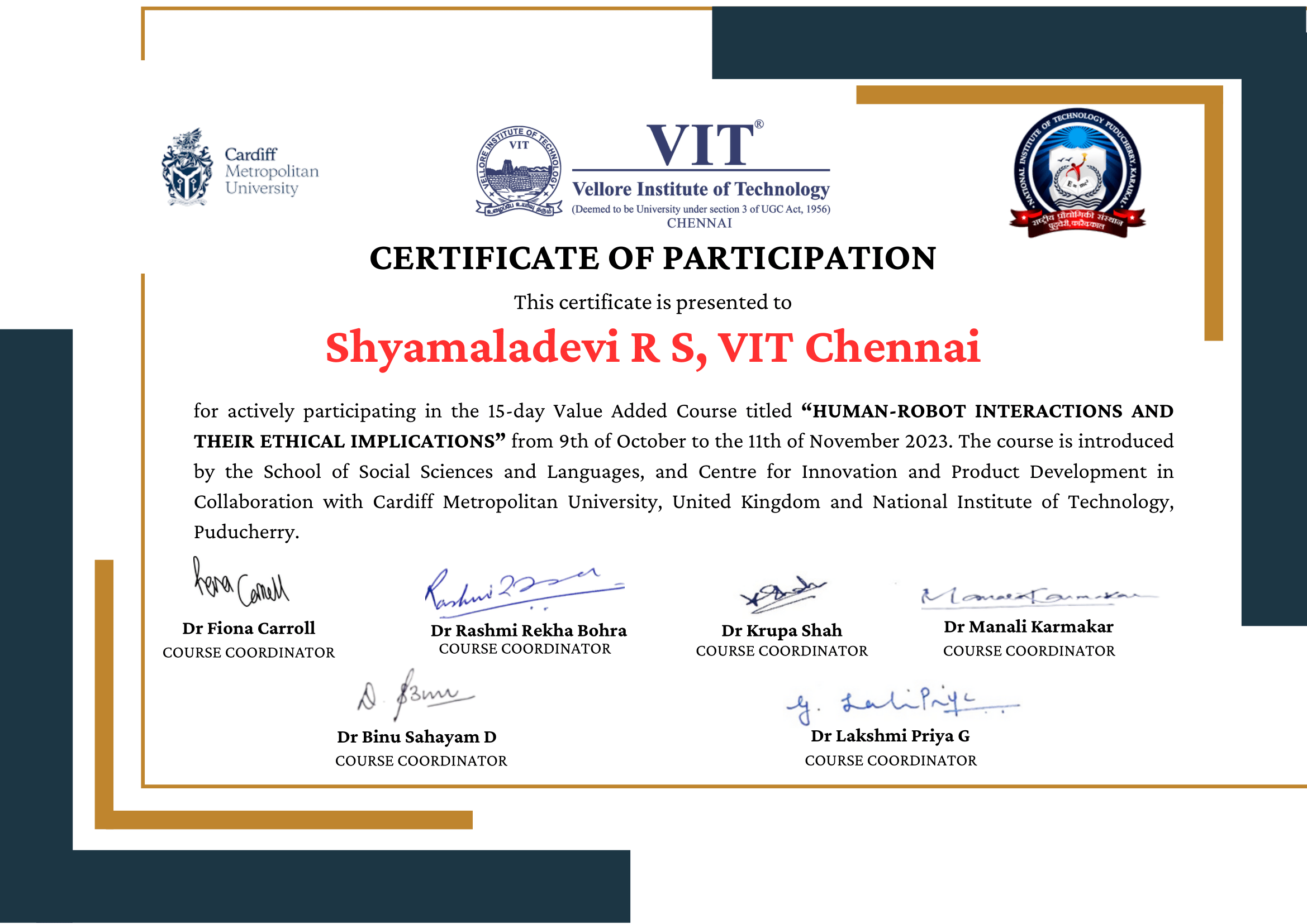 VIT HRI Certificate